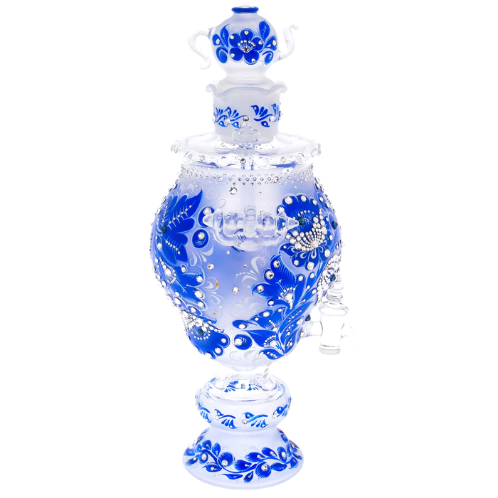 Samovar-honey pan made of Sea Azure glass with Swarovski crystals, Khokhloma