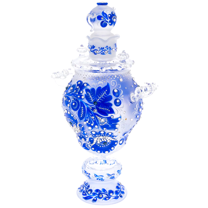 Samovar-honey pan made of Sea Azure glass with Swarovski crystals, Khokhloma