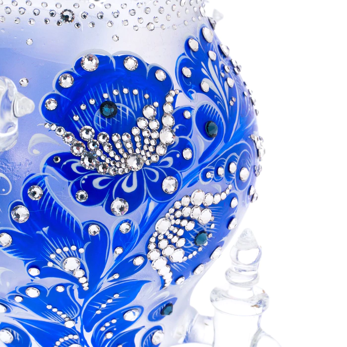 Samovar-honey pan made of Sea Azure glass with Swarovski crystals, Khokhloma