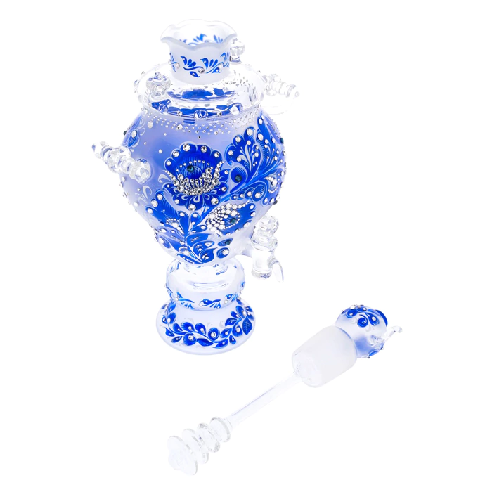 Samovar-honey pan made of Sea Azure glass with Swarovski crystals, Khokhloma