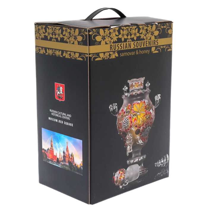 Samovar-honey pan made of Sea Azure glass with Swarovski crystals, Khokhloma