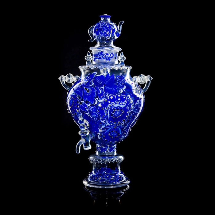 Samovar-honey pan made of Sea Azure glass with Swarovski crystals, Khokhloma