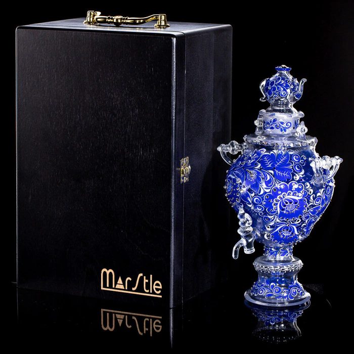 Samovar-honey pan made of Sea Azure glass with Swarovski crystals, Khokhloma