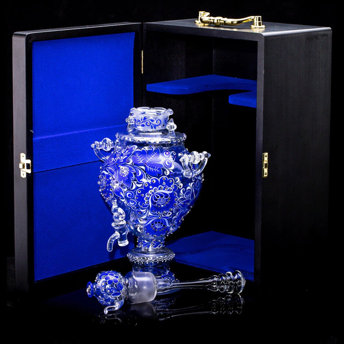 Samovar-honey pan made of Sea Azure glass with Swarovski crystals, Khokhloma