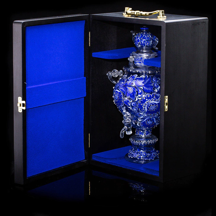 Samovar-honey pan made of Sea Azure glass with Swarovski crystals, Khokhloma