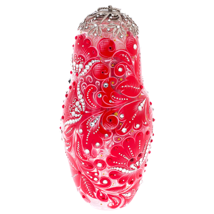 Matryoshka honey dish made of "Royal Ruby" glass with Swarovski crystals, Khokhloma