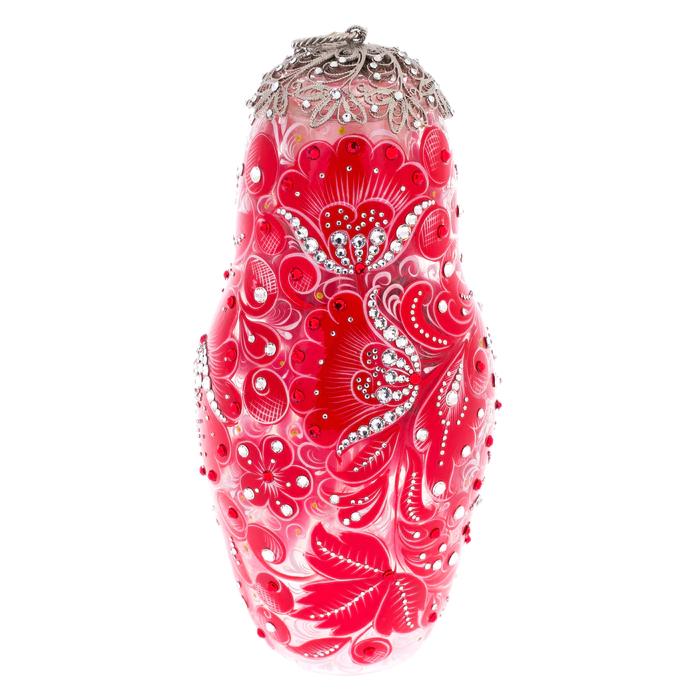 Matryoshka honey dish made of "Royal Ruby" glass with Swarovski crystals, Khokhloma
