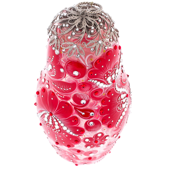 Matryoshka honey dish made of "Royal Ruby" glass with Swarovski crystals, Khokhloma