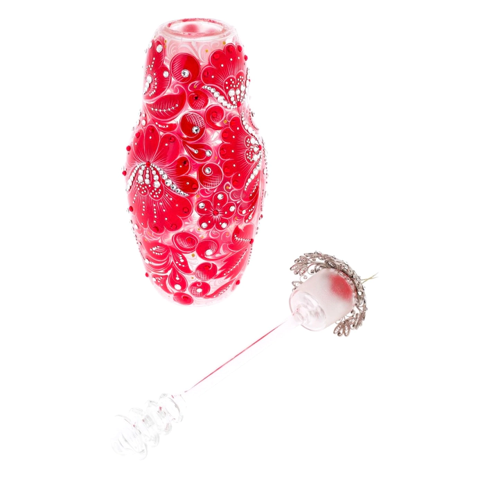 Matryoshka honey dish made of "Royal Ruby" glass with Swarovski crystals, Khokhloma