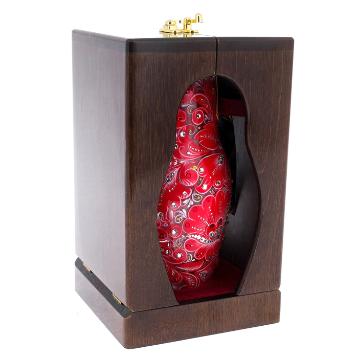 Matryoshka honey dish made of "Royal Ruby" glass with Swarovski crystals, Khokhloma