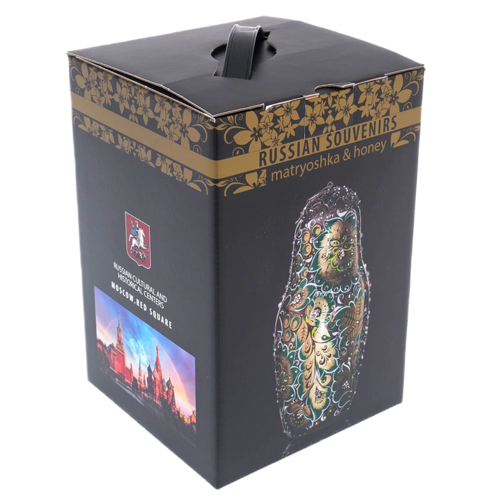 Matryoshka honey dish made of "Royal Ruby" glass with Swarovski crystals, Khokhloma