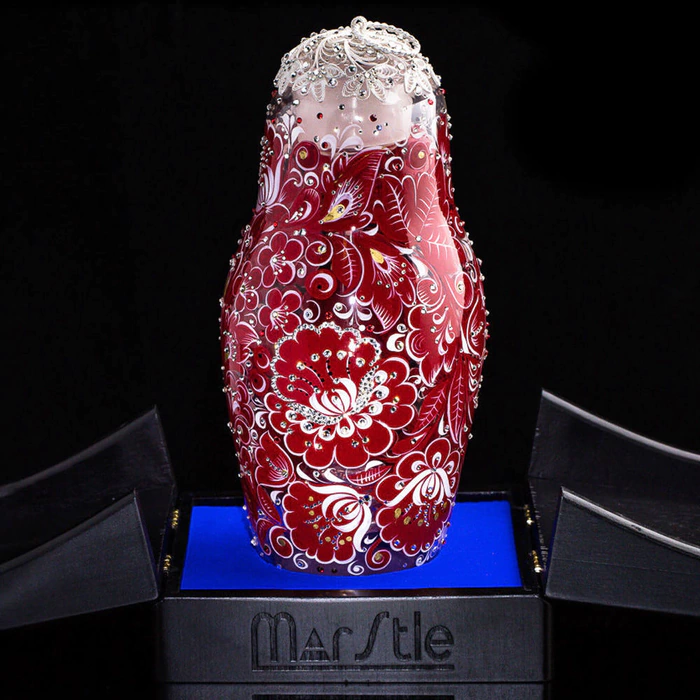 Matryoshka honey dish made of "Royal Ruby" glass with Swarovski crystals, Khokhloma