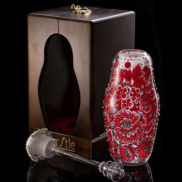Matryoshka honey dish made of "Royal Ruby" glass with Swarovski crystals, Khokhloma