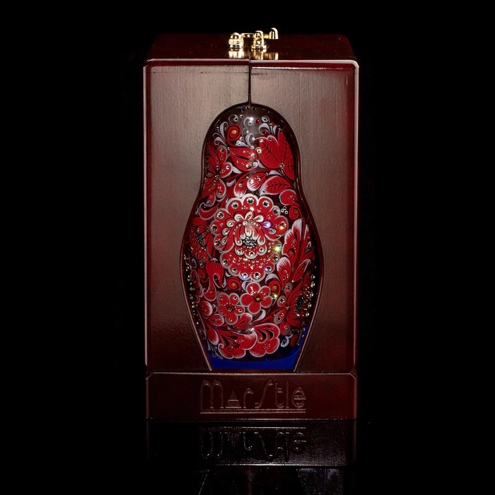 Matryoshka honey dish made of "Royal Ruby" glass with Swarovski crystals, Khokhloma