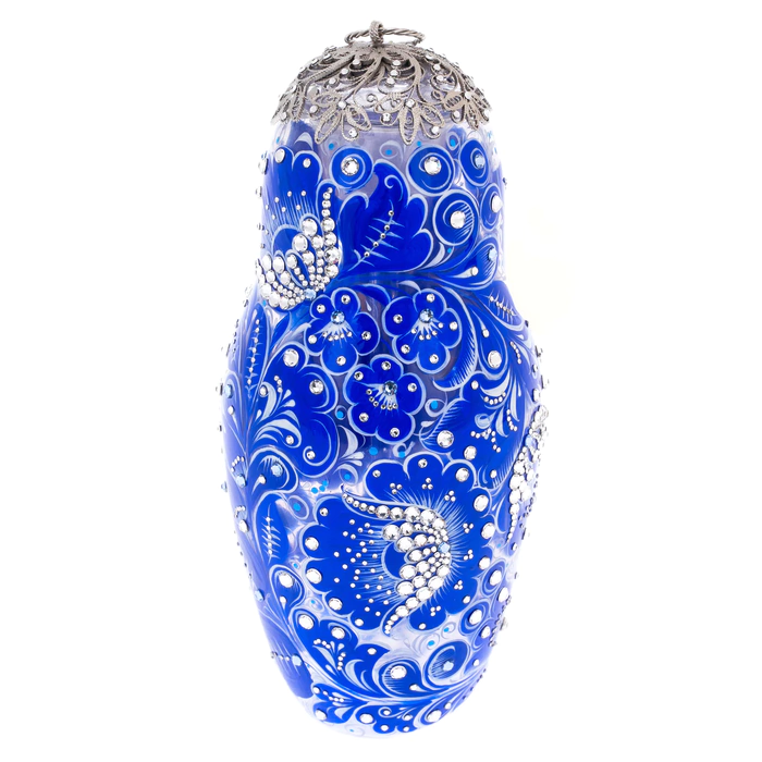 Matryoshka honey dish made of Sea Azure glass with Swarovski crystals, Khokhloma