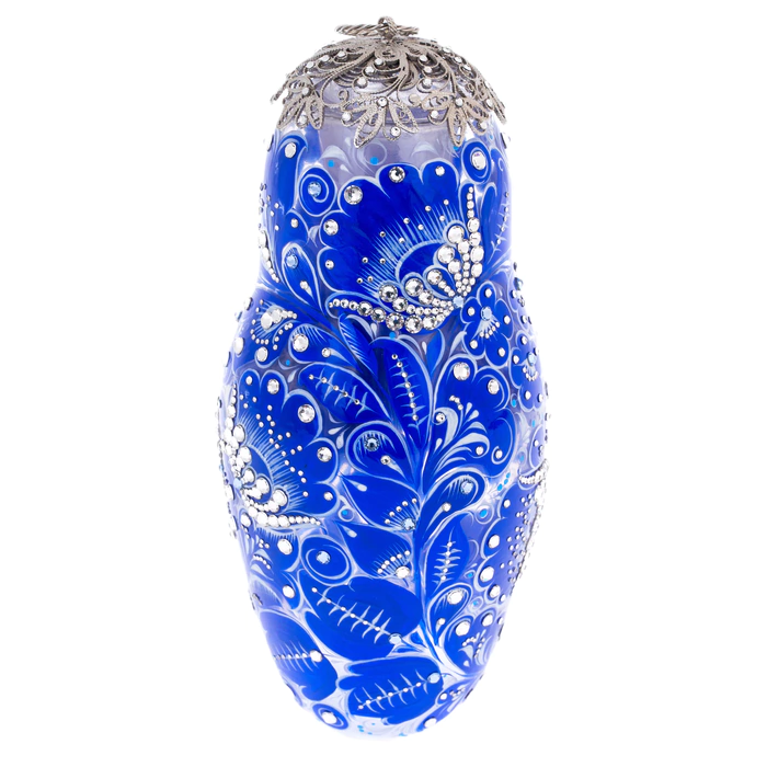 Matryoshka honey dish made of Sea Azure glass with Swarovski crystals, Khokhloma