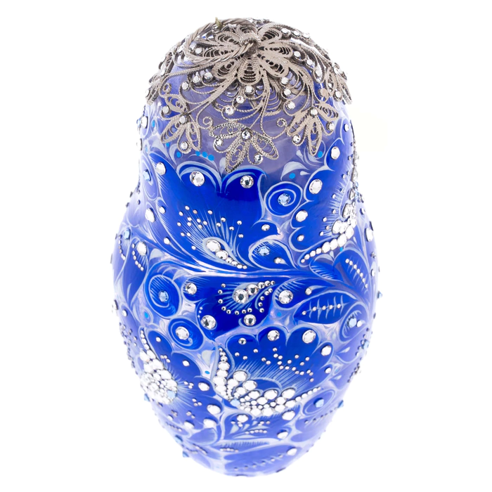 Matryoshka honey dish made of Sea Azure glass with Swarovski crystals, Khokhloma