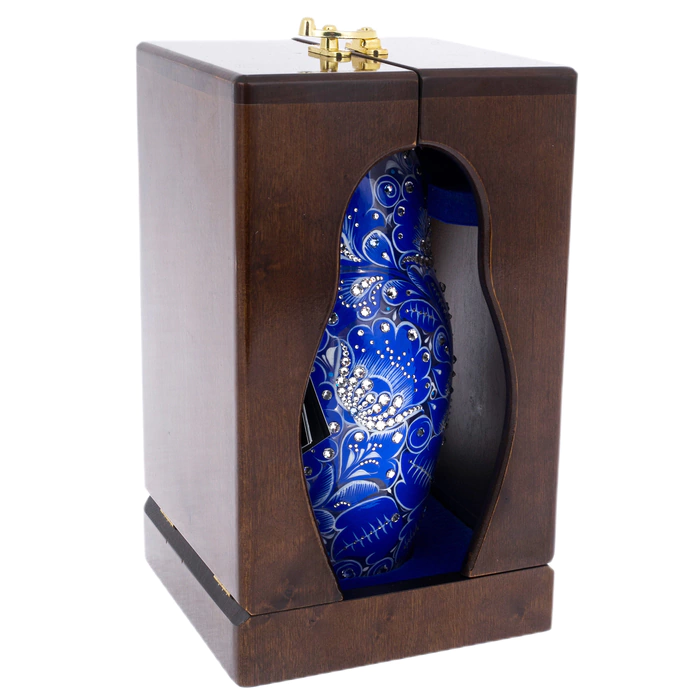 Matryoshka honey dish made of Sea Azure glass with Swarovski crystals, Khokhloma
