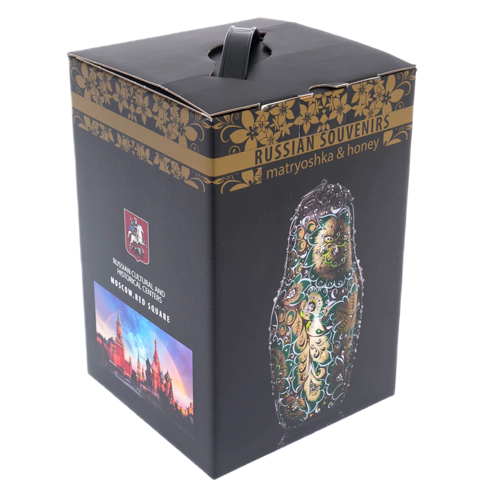 Matryoshka honey dish made of Sea Azure glass with Swarovski crystals, Khokhloma