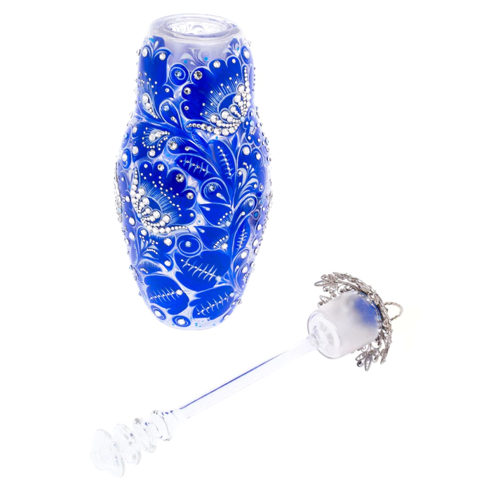 Matryoshka honey dish made of Sea Azure glass with Swarovski crystals, Khokhloma