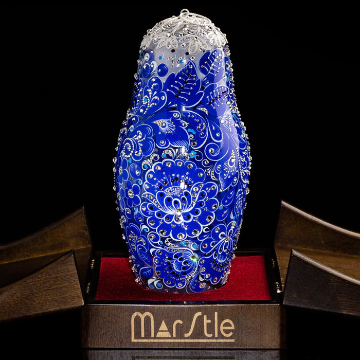 Matryoshka honey dish made of Sea Azure glass with Swarovski crystals, Khokhloma