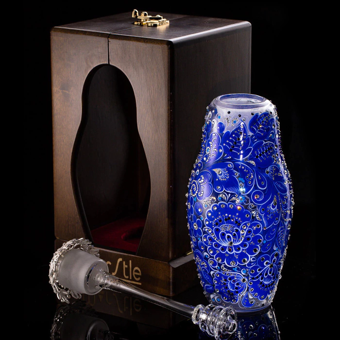 Matryoshka honey dish made of Sea Azure glass with Swarovski crystals, Khokhloma