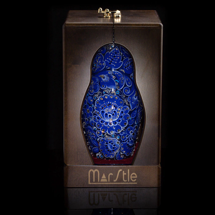 Matryoshka honey dish made of Sea Azure glass with Swarovski crystals, Khokhloma
