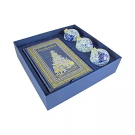 "Happy New Year!" gift set with a leather-bound book and balloons