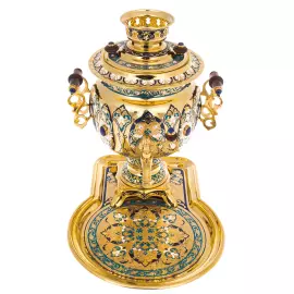 Самовар на блюде "Чаепитие" с лазуритом, Златоуст