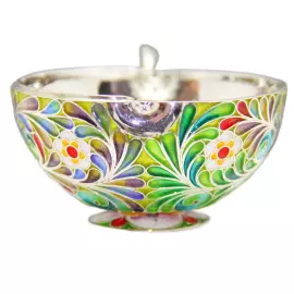 Кофейная пара из серебра "Зеленое яблоко" на 2 персоны, финифть