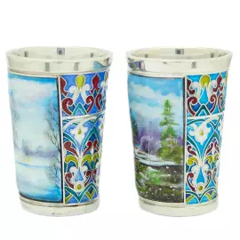 Набор стопок из серебра "Времена года" на 4 персоны, финифть