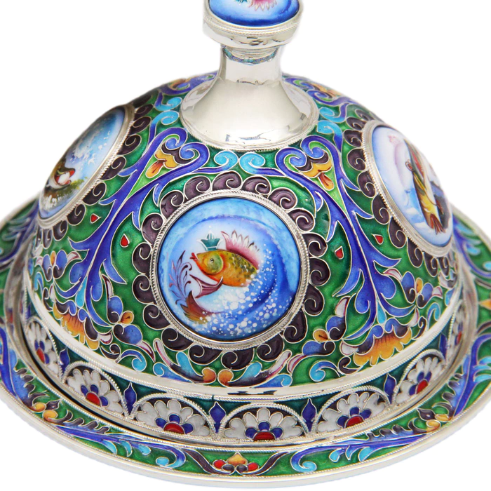 Икорница из серебра "Праздничная" финифть