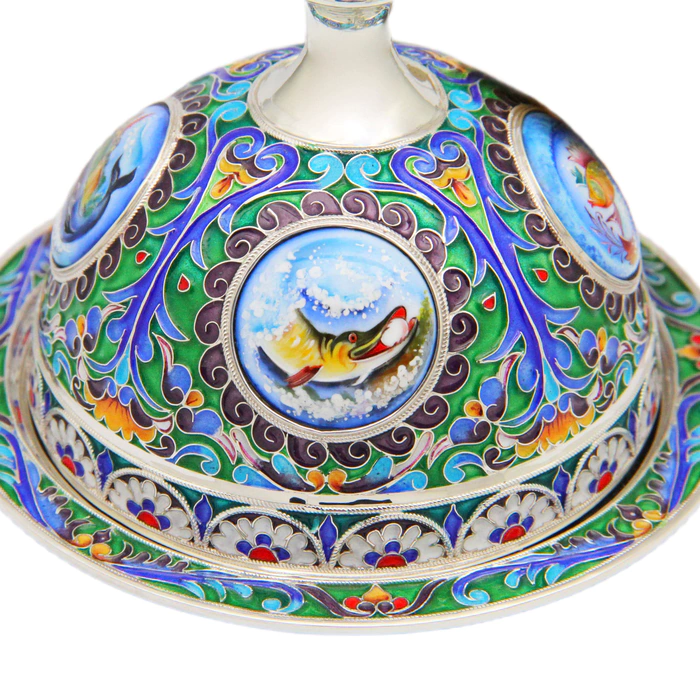 Икорница из серебра "Праздничная" финифть