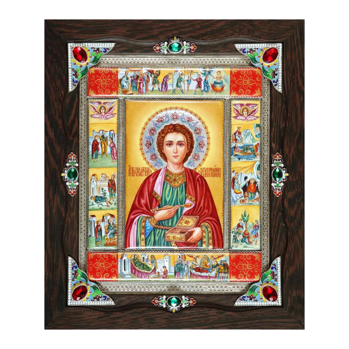 Silver icon "Panteleimon the Healer" on a tree