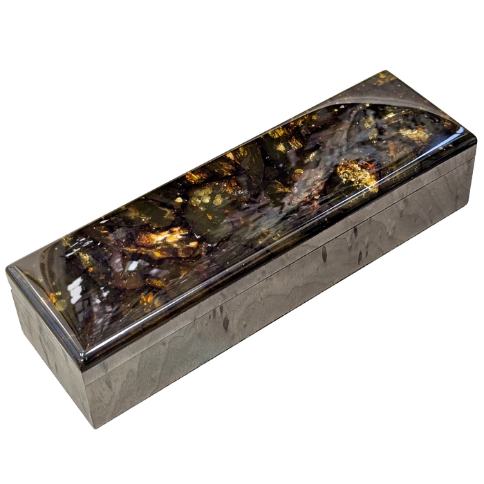 Ballpoint pen made of Karelian birch and amber "Marine" in a case, grey