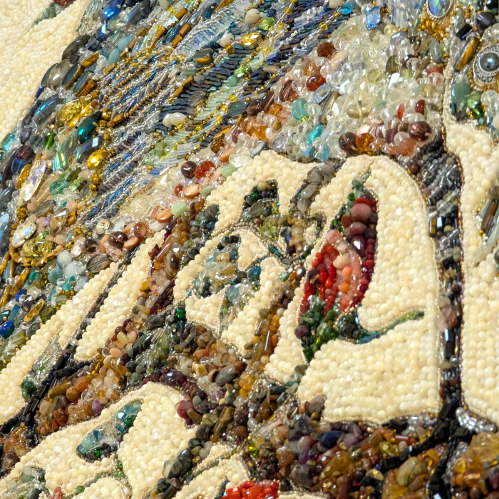 Decorative embroidered panel made of precious stones "Peacock"