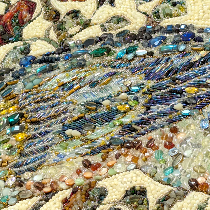 Decorative embroidered panel made of precious stones "Peacock"