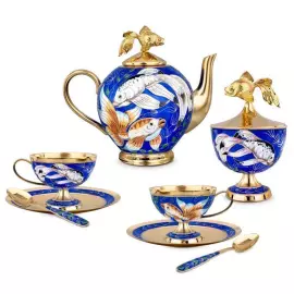 Сервиз чайный серебряный "Золотая рыбка" на 2 персоны, 8 предметов