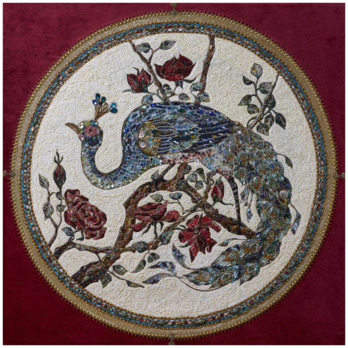 Decorative embroidered panel made of precious stones "Peacock"