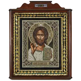 Вышитая икона "Господь Вседержитель" в антикварной раме и киоте