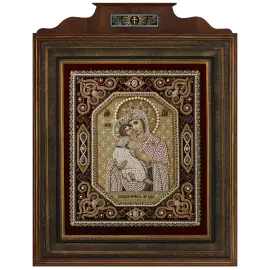 Вышитая икона "Богоматерь Владимирская" в раме и киоте