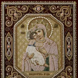 Вышитая икона "Богоматерь Владимирская" в раме и киоте