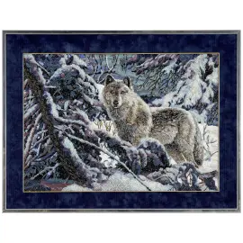 Decorative embroidered panel made of precious stones "Wolf in the winter forest" in a metal frame
