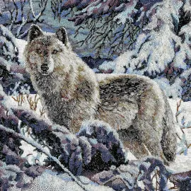 Decorative embroidered panel made of precious stones "Wolf in the winter forest" in a metal frame