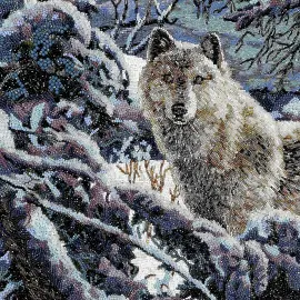 Decorative embroidered panel made of precious stones "Wolf in the winter forest" in a metal frame