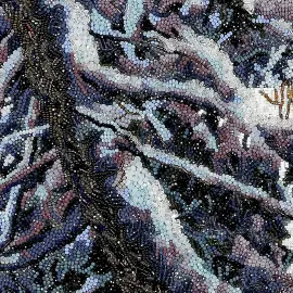 Decorative embroidered panel made of precious stones "Wolf in the winter forest" in a metal frame