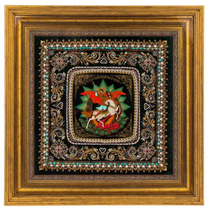 Embroidered icon of "Great Martyr George the Victorious" in a kiosk
