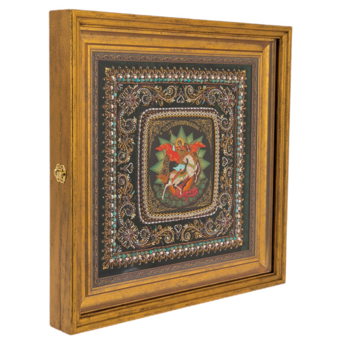 Embroidered icon of "Great Martyr George the Victorious" in a kiosk