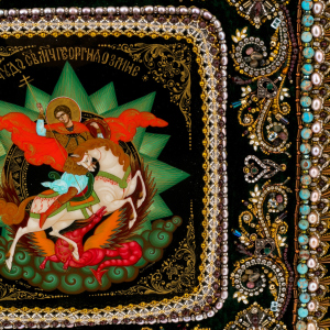 Embroidered icon of "Great Martyr George the Victorious" in a kiosk
