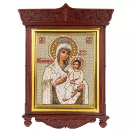 Вышитая икона "Богоматерь Скоропослушница" в антикварном киоте